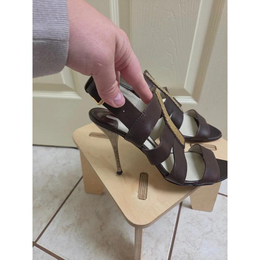 Ted Baker London Brown Leather Stiletto Sandals‎ Gold Hardware TBWS09945 Size 7